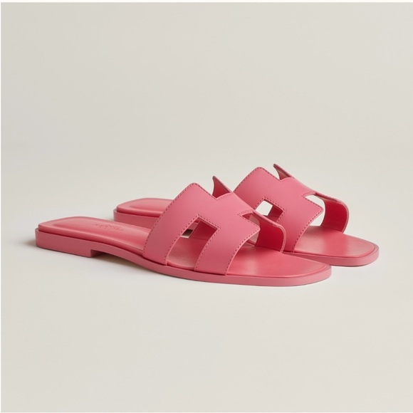 Hermes Oran Rose Petale Leather H Slide Sandals Slippers - Picture 1 of 12